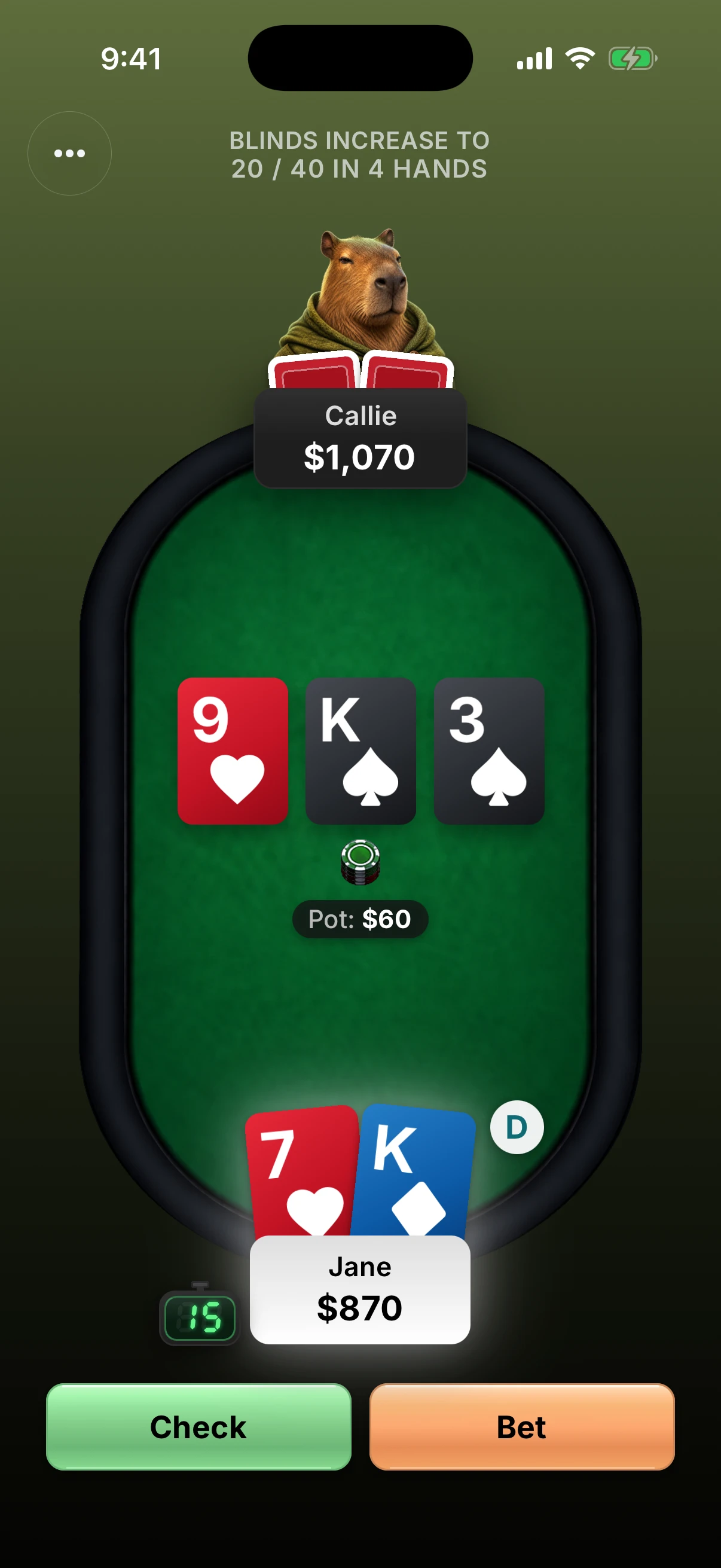 Native iPhone screenshot of a heads-up poker table against Callie the capybara. The flop is the nine of hearts, king of spades and three of spades with 60 in the pot; the player Jane holds the seven of hearts and king of diamonds; the buttons read Check and Bet.