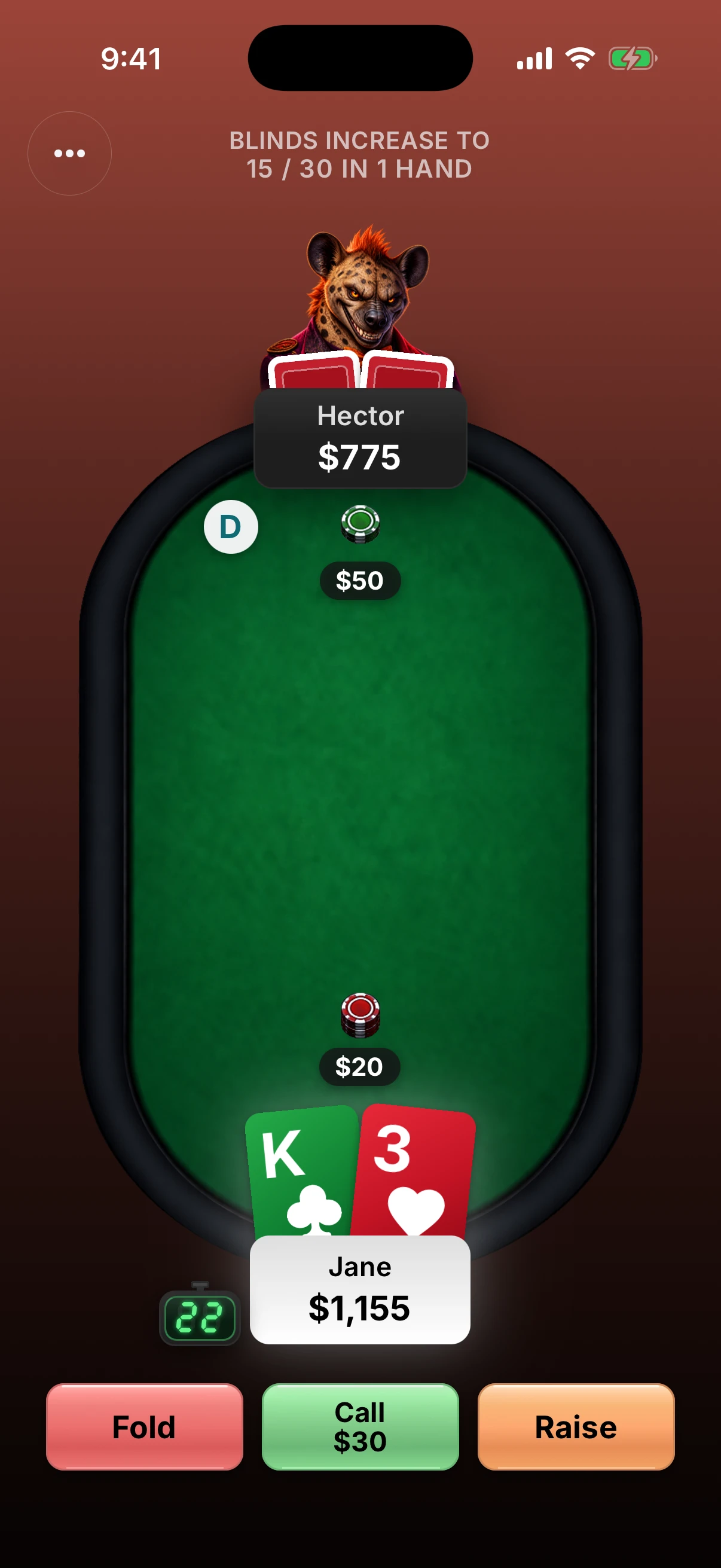 Native iPhone screenshot of a heads-up poker table against Hector the hyena. Before the flop Hector has raised to 50 over the 20-chip big blind posted by the player Jane, who holds the king of clubs and three of hearts, with 1,155 chips to Hector’s 775; the buttons read Fold, Call $30 and Raise.